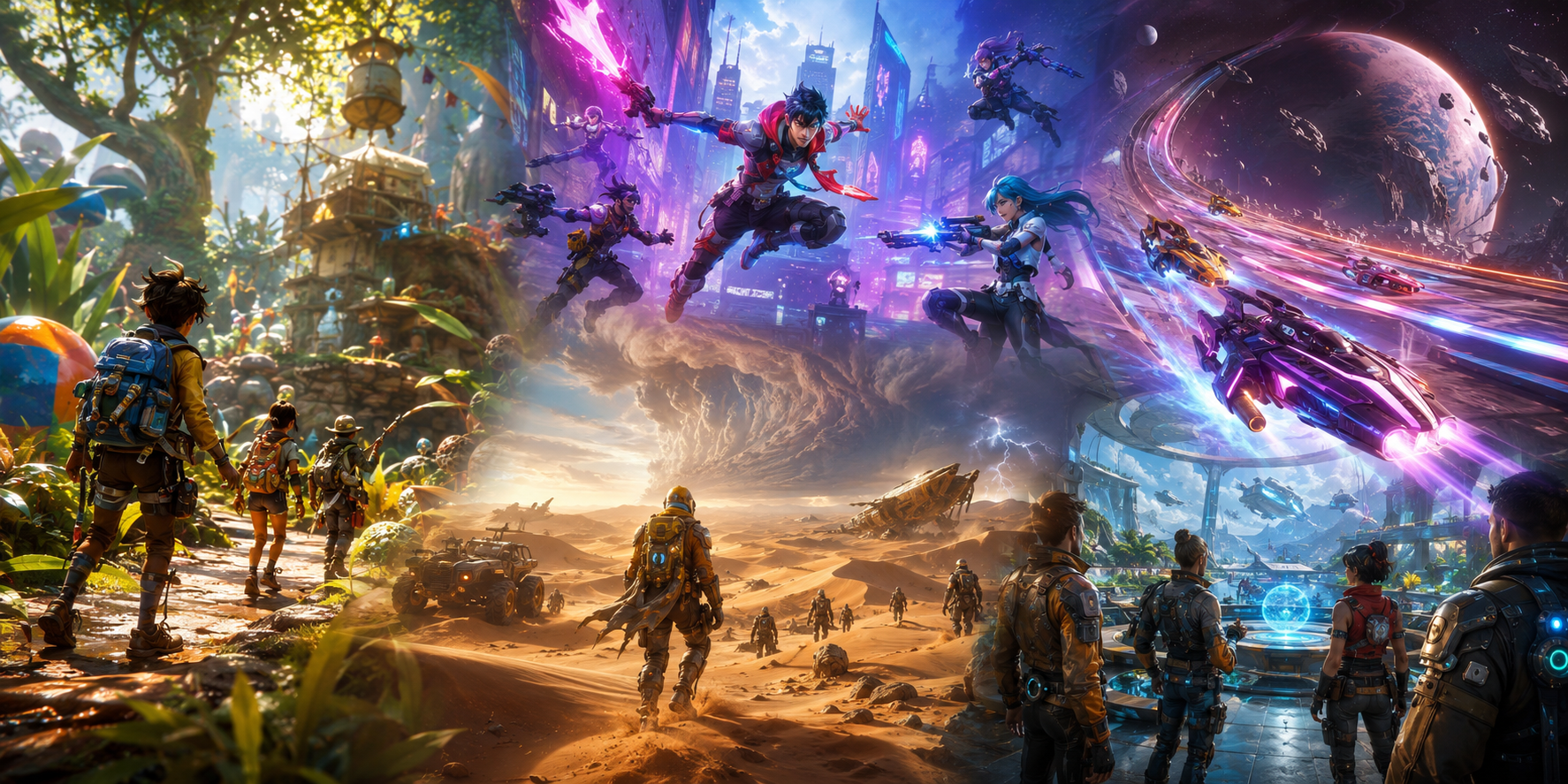 Futuristic multiplayer game worlds and characters